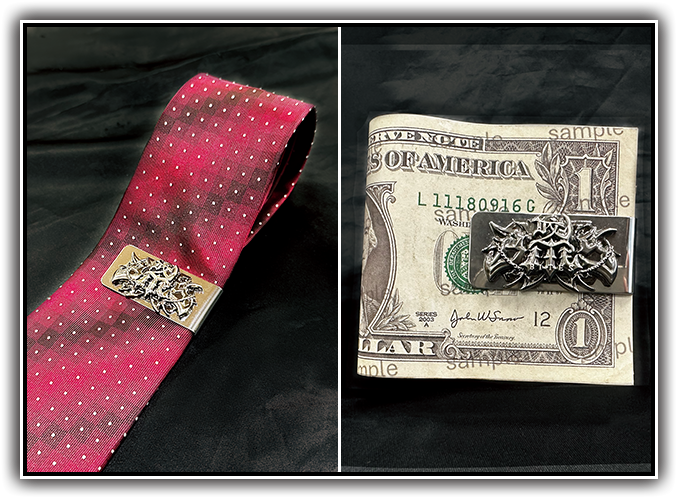 使用イメージ。マネークリップやネクタイピンとして使用可能な2WAY仕様。「幸運（コウウン）を呼び込む咬運（コウウン）クリップ